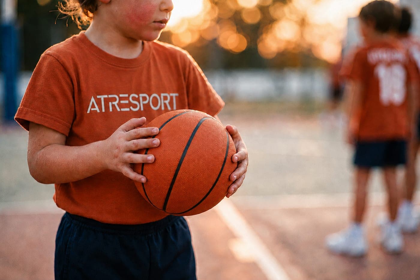 Un niño sostiene un balón de baloncesto con la equipación de ATRESPORT, en la pista al atardecer.