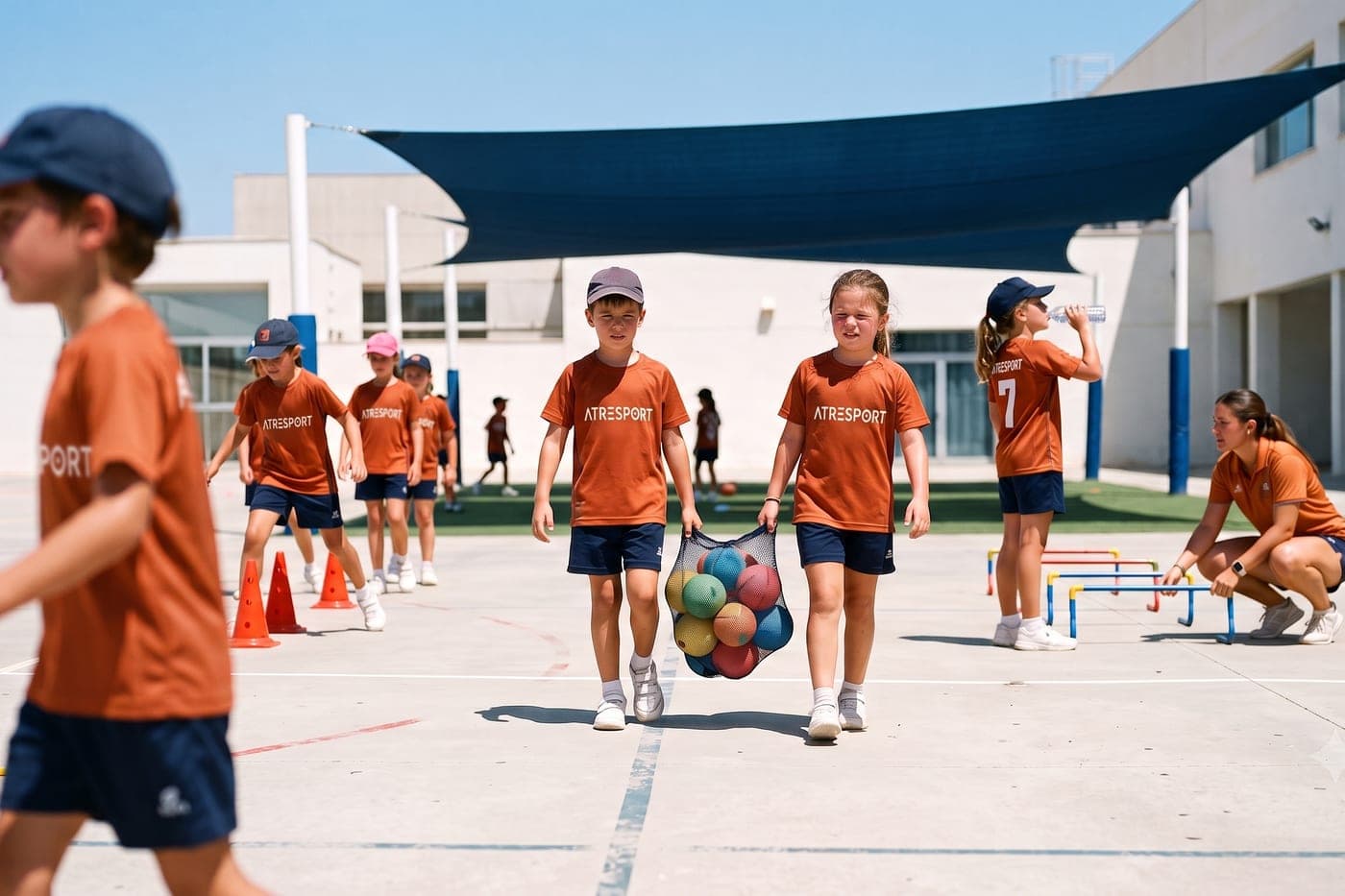 Grupo de niños del campus cruzando la pista con una red de balones, entre conos y con la monitora preparando el circuito.