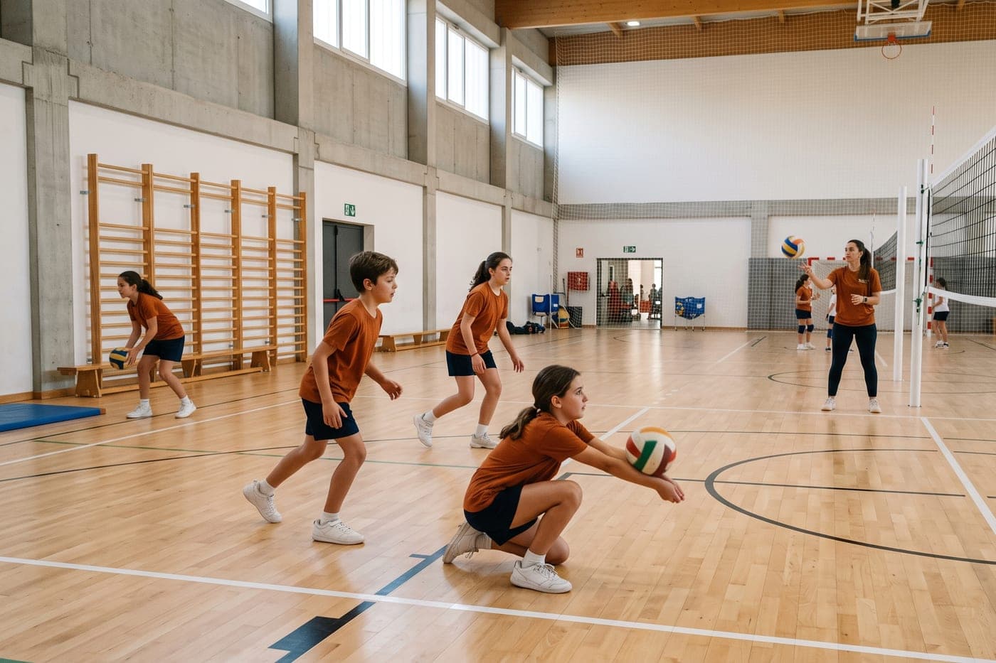 Entrenamiento de voleibol en el pabellón cubierto de un club, con la monitora dirigiendo la sesión.