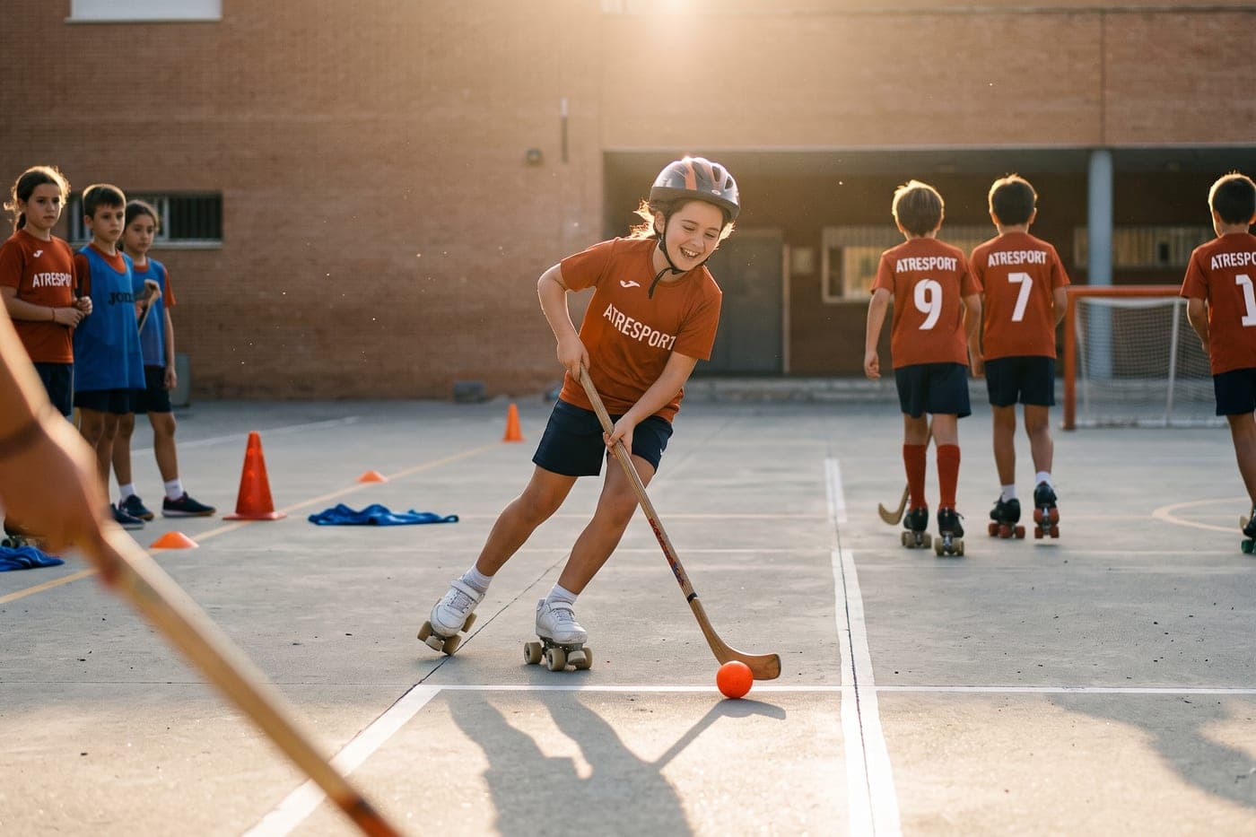 Una niña conduce la bola en un entrenamiento de hockey sobre patines, con su equipo esperando turno.