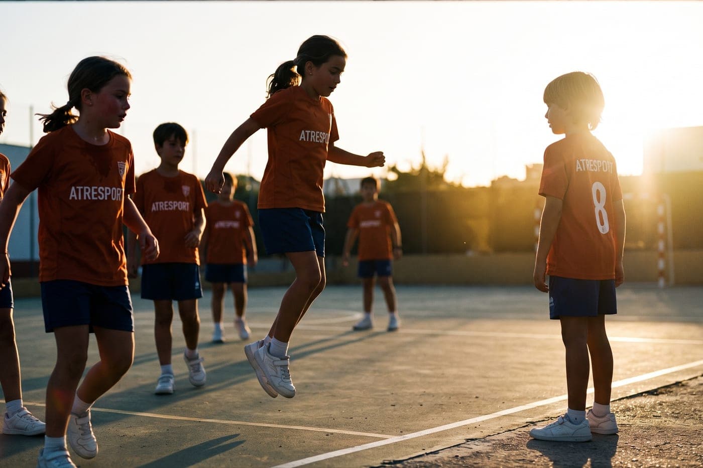 Niños y niñas jugando a contraluz al atardecer durante un evento familiar.