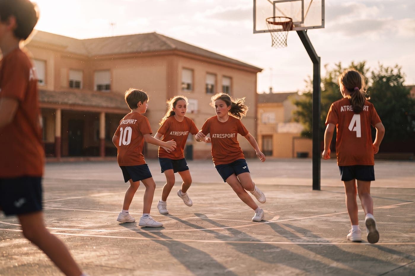 Extraescolar de baloncesto de ATRESPORT en el patio de un centro educativo del Aljarafe, al atardecer.