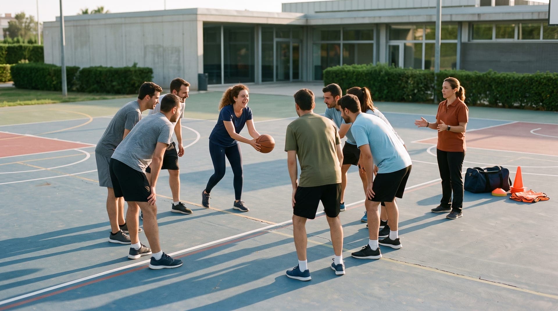 Sesión de team building para empresas en una pista polideportiva, con un monitor de ATRESPORT dirigiendo la actividad.