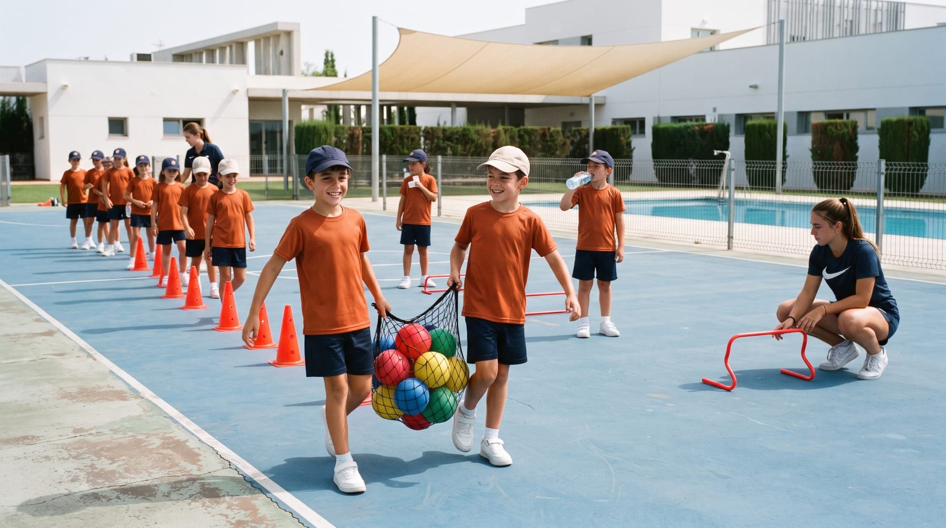 Niños y niñas de campus cruzando la pista con material deportivo, junto a la piscina del centro.