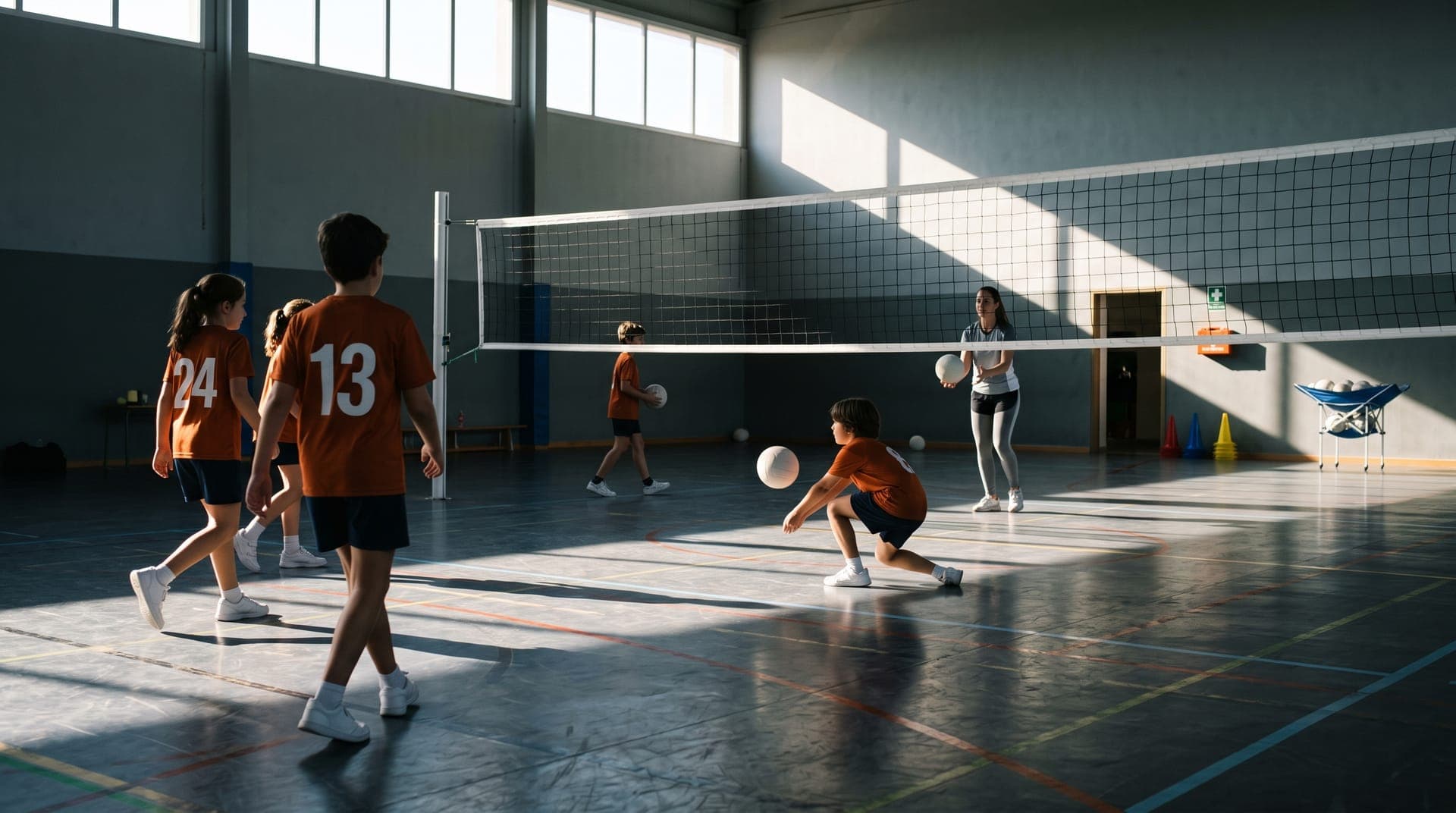 Entrenamiento de vóley infantil en un pabellón escolar, con la luz entrando por los ventanales altos.