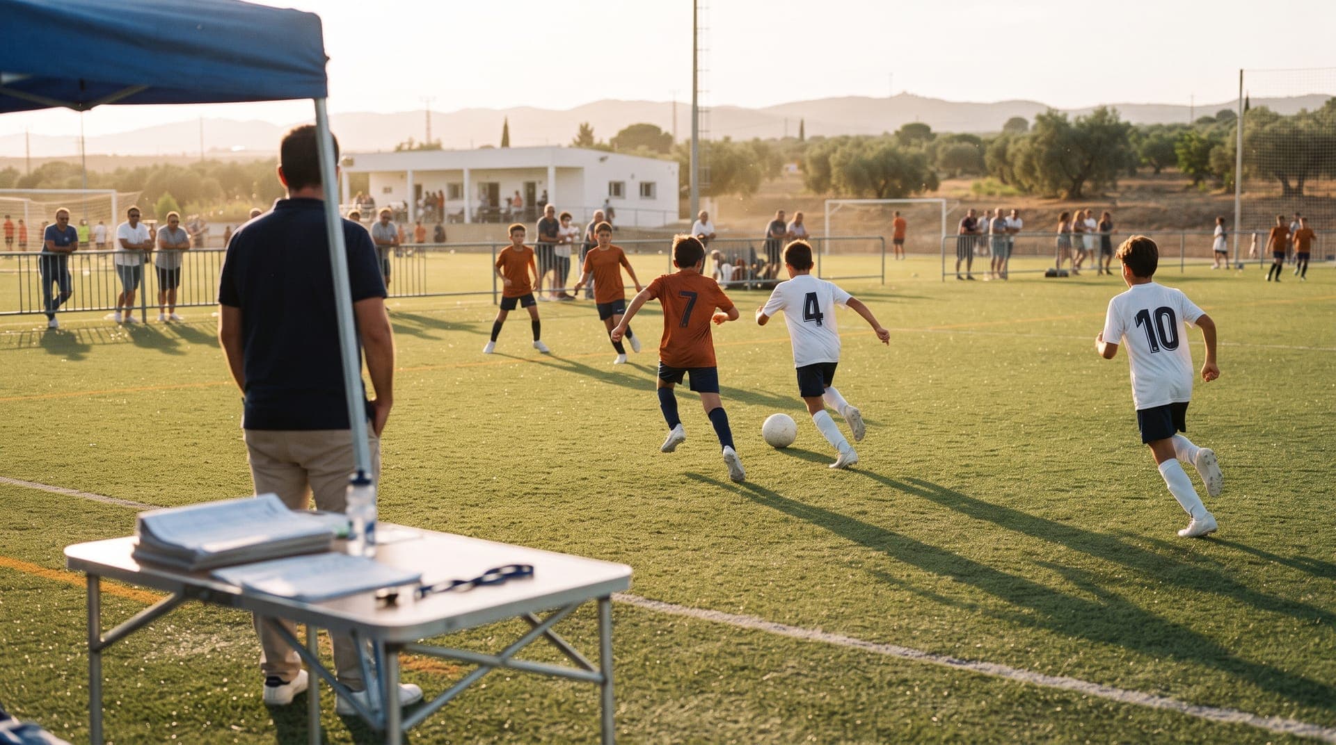 Torneo de fútbol escolar en un complejo deportivo, con la mesa de organización en primer término.