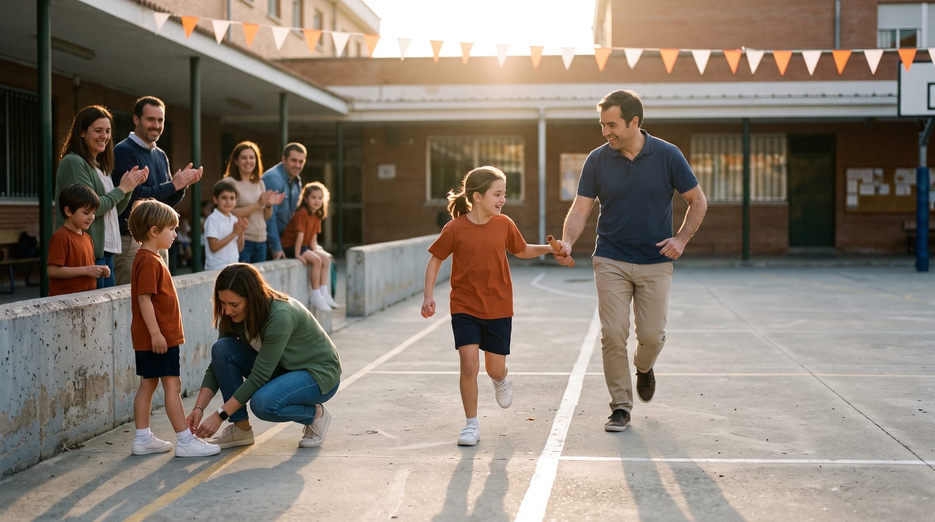 Jornada deportiva familiar en el patio de un colegio, con padres e hijos corriendo un relevo.
