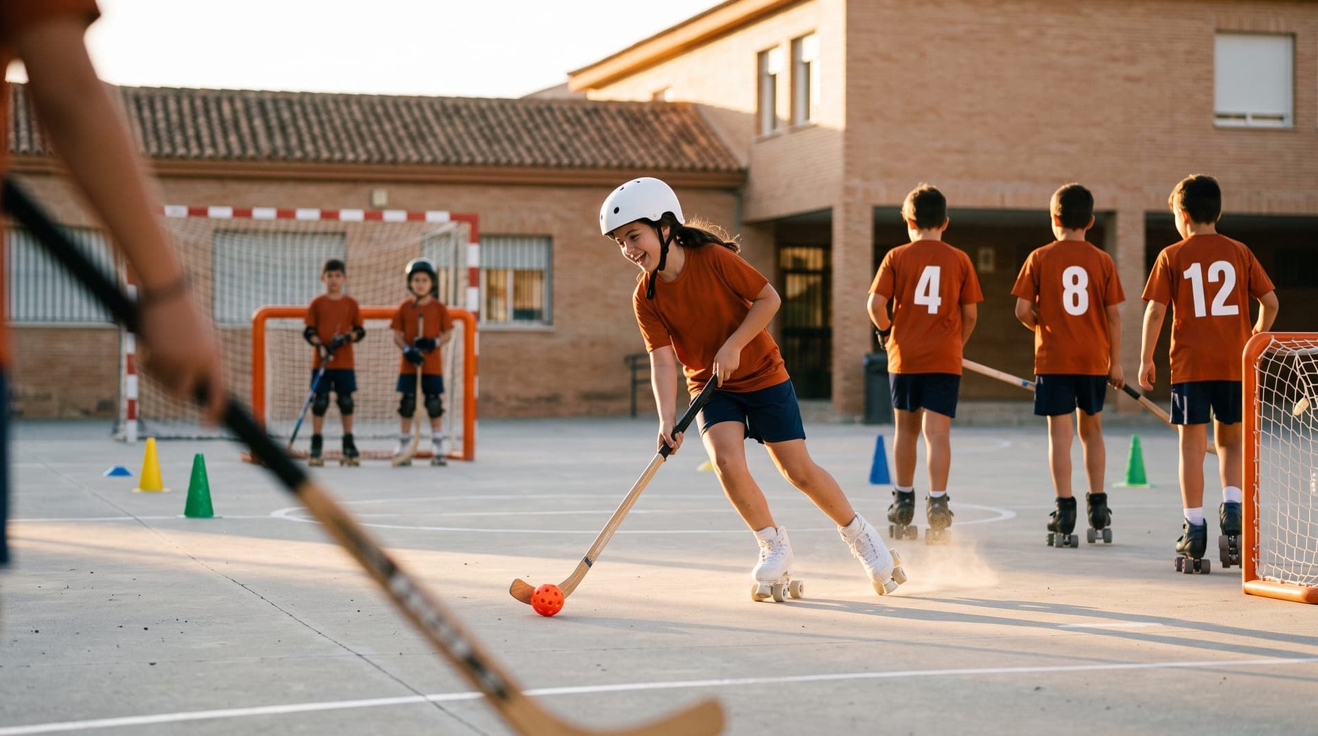 Actividad extraescolar de hockey patines de ATRESPORT en la pista de un centro educativo de Sevilla.