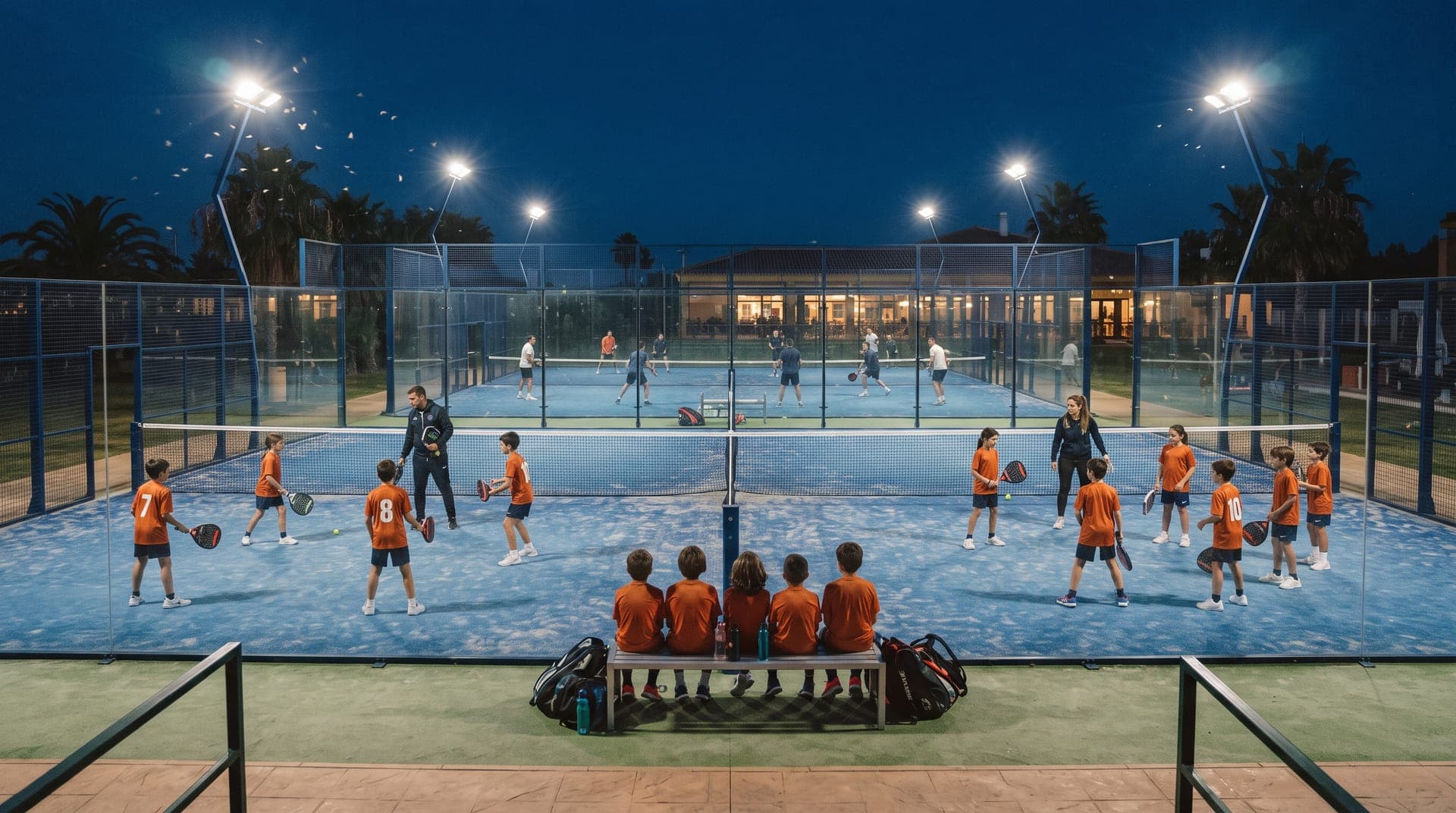 Club de pádel con las cuatro pistas en uso bajo los focos, escuelas infantiles y socios jugando a la vez.